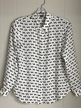 Theory Silk Blouse Button Up Top Black White Geometric Print Shirt Women XS P